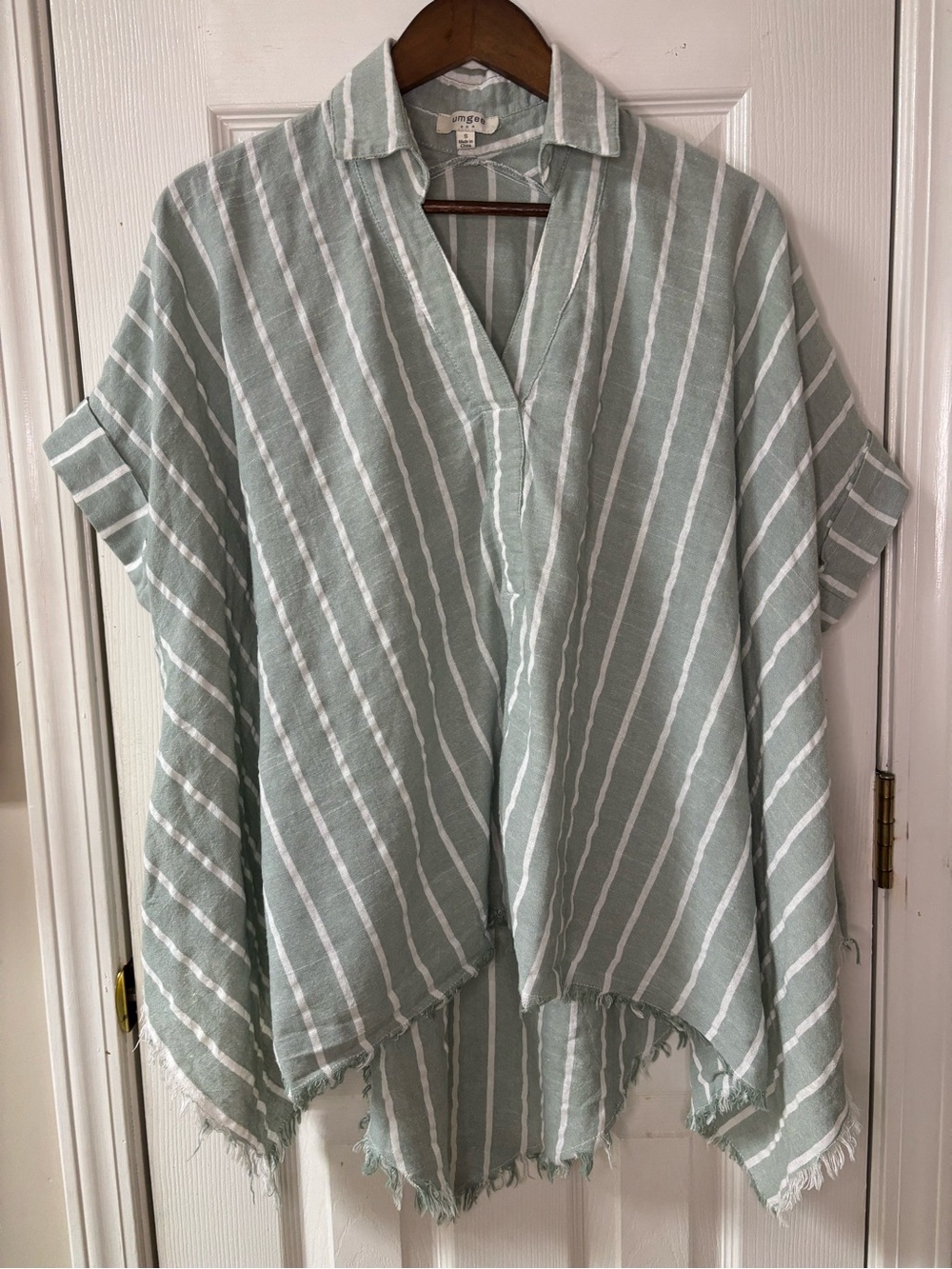 Umgee Light Sage and White Striped Linen-Blend Tunic